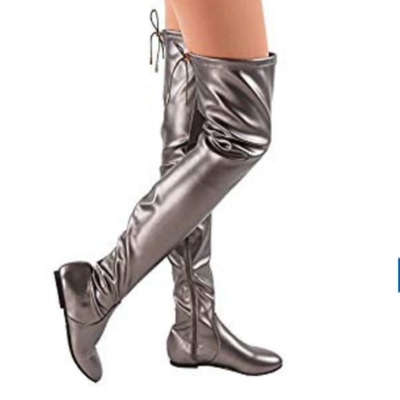 silver metallic thigh high boots